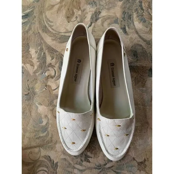Etienne Aigner White Leather Loafers Gold Diamond Pattern Size 9 Narrow - Picture 2 of 5